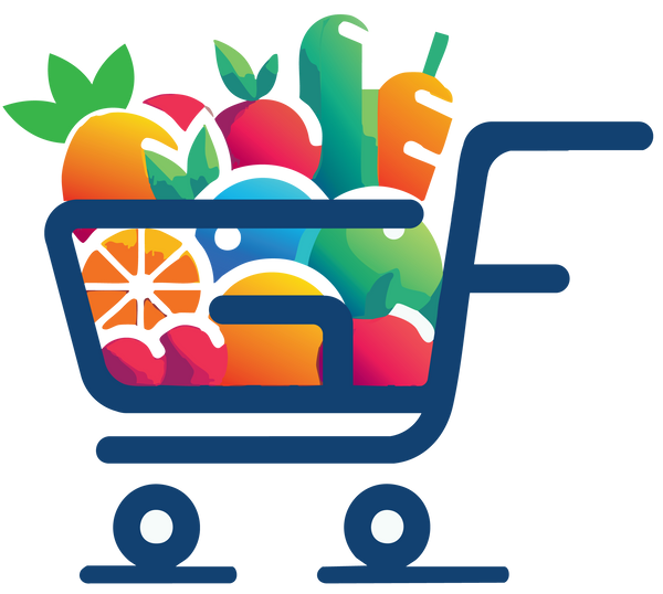 Colorful shopping cart filled with groceries on a white background